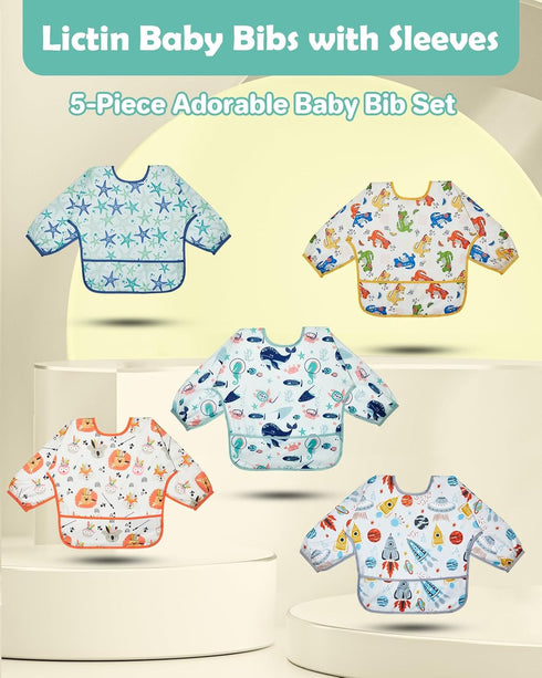 Lictin Baby Bibs for Boys Girls - Long Sleeve Bib, Waterproof Toddler Bibs, 0-24 Months Neutral Baby Smock for Eating