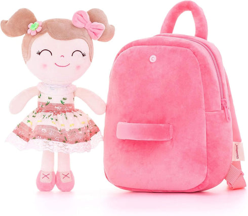 Gloveleya Toddler Backpack - Baby Girl Gift Plush Diaper Bag with Spring Girl Doll, Pink 9 Inches