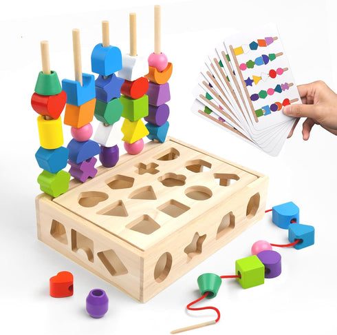Montessori Educational Wooden Toys for Toddlers 3-5, Lacing Beads & Stacking Blocks, Shape Sorting Present with Storage