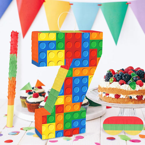 Lemicin 7 7th 16 10.6 3 Number Pinata Building Blocks with Pinata Stick Blindfold Birthday Party Decorations Happy