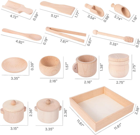 Montessori Sensory Bin Tools Toy with Wooden Box for Toddlers, Pretend Play Dish Toys, Kids Fine Motor Skills