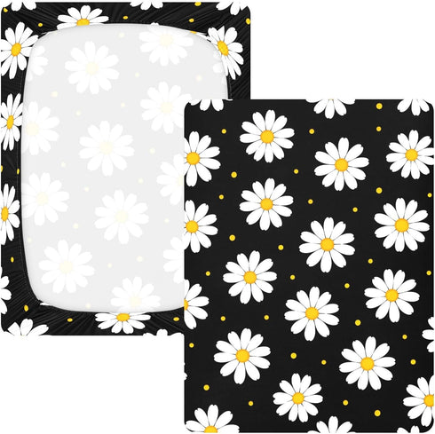 CZXW 52" 28" Black White Daisy Crib Sheets Fitted x Natural Cotton Soft & Breathable for Baby Crib Mattress