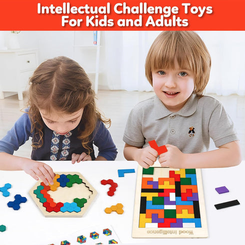 3+ (4 Pack) Wooden Puzzles,Geometric Shape Logic Hexagon Puzzle Toys Brain Teasers STEM Montessori Educatioanl IQ Board