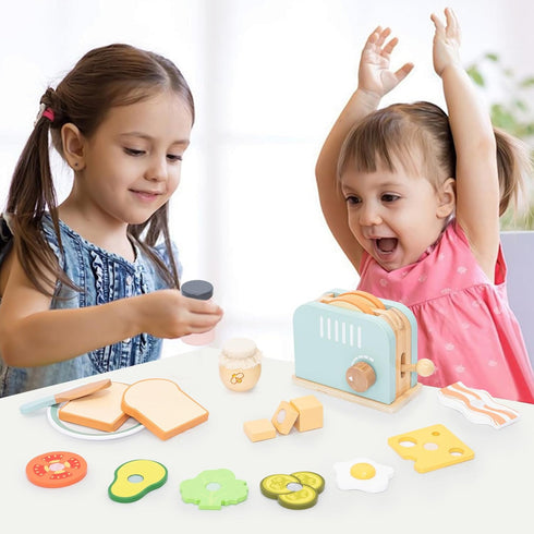 Set, 17PCS Playset, Wooden Pop up Toaster Play Kitchen Play Food Accessories for Toddlers Early Learning,Pretend Play