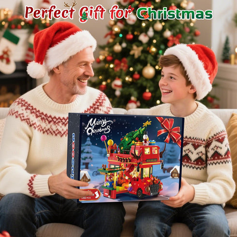 Set 1262 8-12+ INSOON Christmas Double Decker Bus Building with Lights, Christmas Bus Building Block Toy with Santa