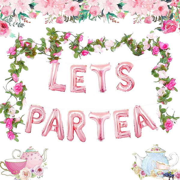 LaVenty 12 PCS LET'S PAR TEA Balloons, Tea Party Birthday Banner Decorations, Baby Shower First Birthday Decoration