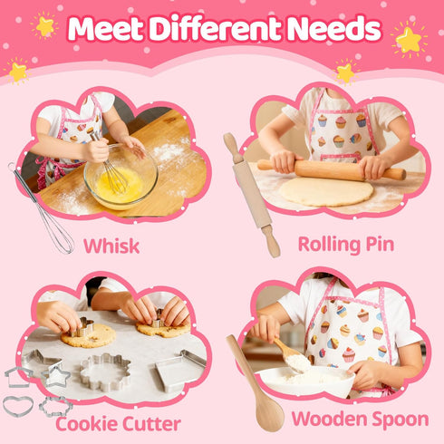 MEIDAYAI 11 Set 3-8, PCS Kids Baking for Girls, Chef Costume with Adjustable Apron & Hat, Pretend Play Kitchen Toys