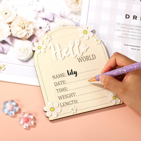 Fukaisu 6.5in 3) Baby Announcement Sign, Wooden Newborn Announcement Board Hello World Baby Birth Stats Sign Welcome