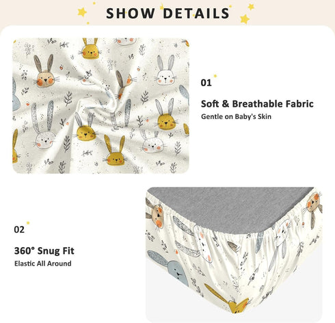 miaozhen 1 Pack 52x28 Cotton Baby Crib Sheets Ultra Soft Cartoon Long Ear Bunnies Cute Unisex Child Crib Sheets