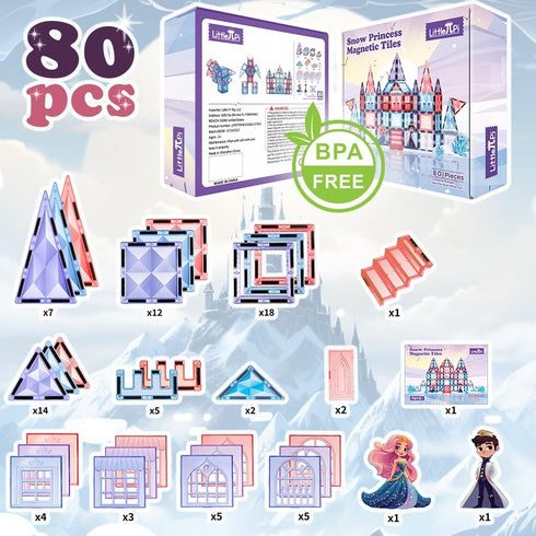 Frozen Magnetic Tiles for 3-8 Year Old Girls, Birthday Gifts, Princess Building Blocks Castle Set for Creative Play