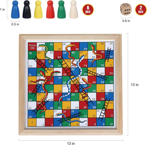 Wooden Snakes and Ladders Game - Educational Board Game for Kids and Adults, Includes Counters & Dice