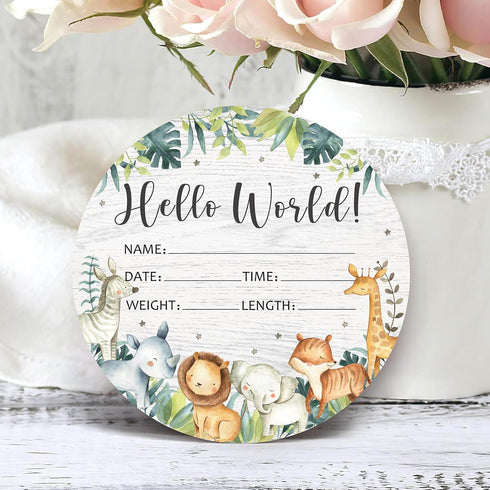 Yuzioey Birth Stat Sign for Newborn, Safari Animals Baby Announcement, Jungle Hello World Name Sign for Hospital Birth