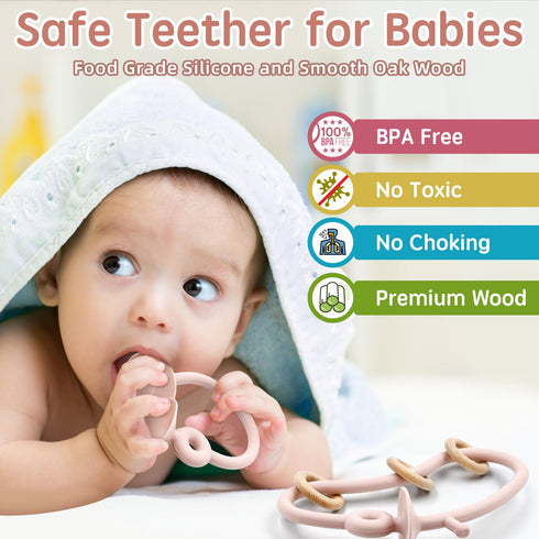 Baby Sensory Teething Chew High Chair Suction Toys for Infant Toddlers 6 12 18 24 Months Gifts, Food Grade Silicone Teether with Oak Loop Montessori Educational Baby Bath Toy (Pink)