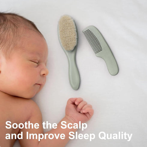 Set BumbleBee Newborn Baby Hair Brush & Comb - Wooden Brush with Soft Wool Bristles, Cradle Cap Brush for Boys, Girls