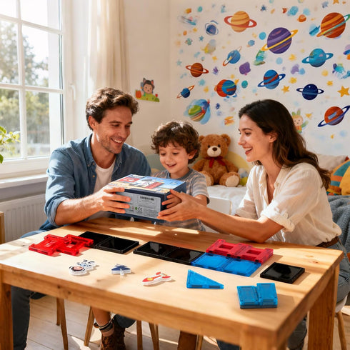 30 Set, 3-8 VROGTIK Space Magnetic Tiles for Kids, Piece STEM Magnetic Building Blocks Rocket Ship Space Station