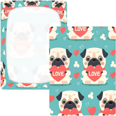 Bseiialft 52 28 Pug Puppy Hearts Teal Crib Sheets for Boys Girls Soft and Breathable Cotton Baby Sheets for Standard
