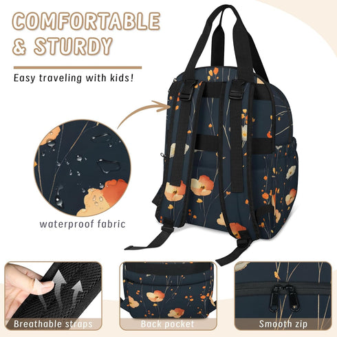 Shoblo Backpack Poppy Black Diaper Bag for Travel, Waterproof Diaper Bag with Insulated Bottle Pockets & USB Port