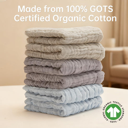 Bear Rocket 6 Pack 12x12 Inch Organic Muslin Baby Washcloths Baby Bath Face Towel Extra Absorbent and Soft Burp Cloth