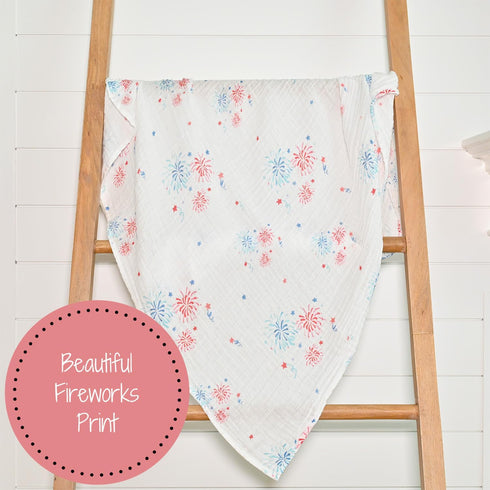 Swaddle Blanket, 100% Cotton Muslin, Soft Baby Blanket 47 x 47 inches, 4th of July Outfit, Fireworks Print