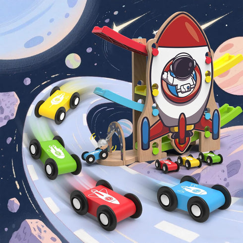 Playsets 4 2 3 Wooden Race Track Car Ramp Racer Toy for Toddlers, Rocket Car Ramp Toy Vehicle with Mini Cars - Fine