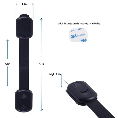 Child Proof Safety Locks - Baby Proofing Cabinet Lock with Adjustable Strap Latches, 6 Extra 3M Adhesives, Black