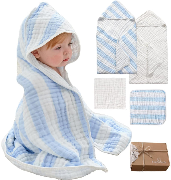 Muslin Hooded Baby Towel 4 Pack, 100% Organic Premium Cotton, (2) 6-Layer