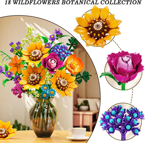 Set 912PCS 18 12+ CUBIMANA Wild Flowers Bouquet Building with Lights - Wildflower Botanicals Collection Building Blocks