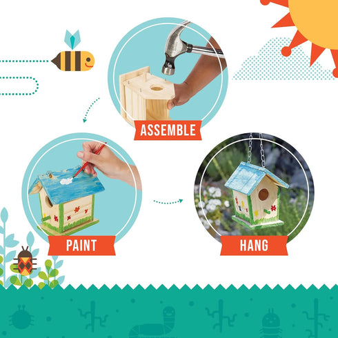 Beetle & Bee Build A Bird Bungalow - DIY Outdoor Birdhouse Kit for Kids, Includes 4 Paints, 1 Brush, Hardware
