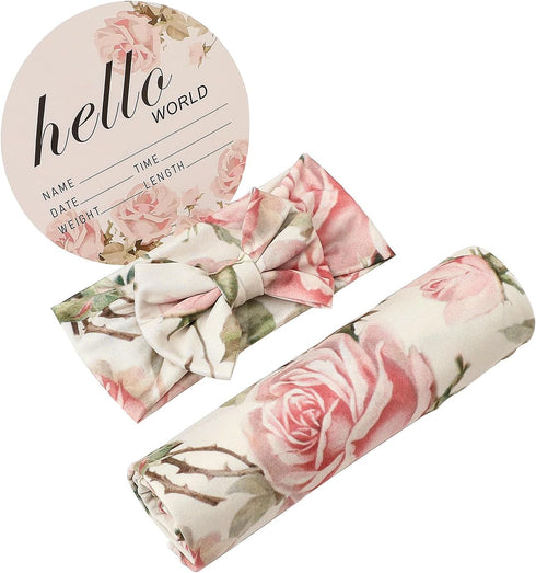 Galabloomer Newborn Receiving Blanket Headband Set, Vintage Flower Baby Flower Swaddle