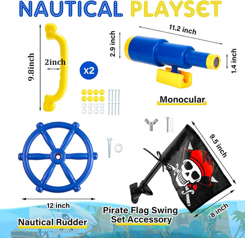 Junkin 5 Pcs Plastic Pirate Steering Wheel, Telescope, Safety Handles, and Flags for Outdoor Swing Set Accessories