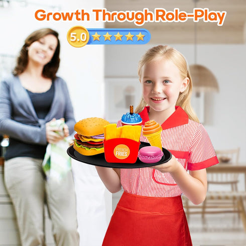 Set 3-8, Set Restaurant Server Play Toys for Boys Girls Age Role Play with Unisex Server Dress-Up Costume, Play Food