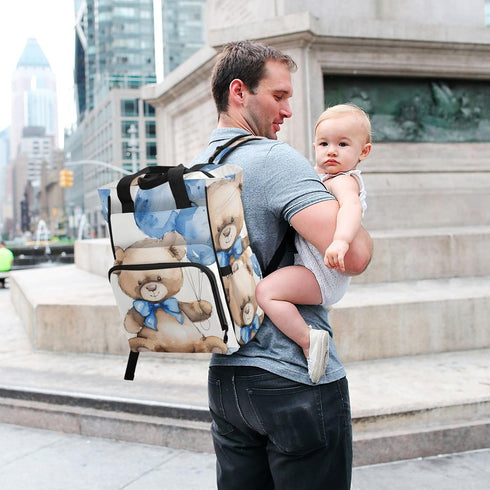 SUABO Backpack Baby Diaper Bag Watercolor Bear with Blue Bow Large Bag Waterproof Travel Diaper Bags for Moms and Dads