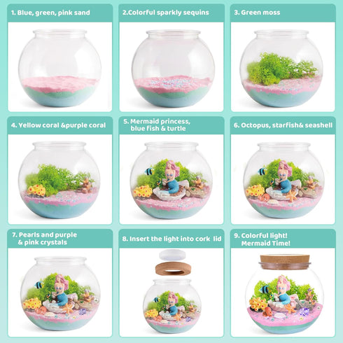 JOYEEMAX 4 5 6 7 8-12 Mermaid Light-Up Terrarium Kit for Kids - LED Night Light Birthday Gift for Girls Ages Year Old