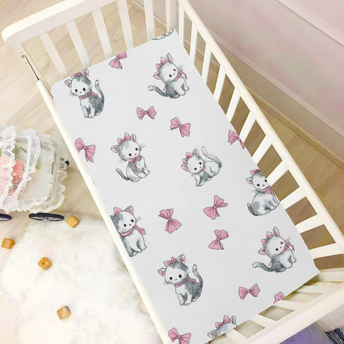 Vdsrup 39 27 5In Crib Sheets for Boys Girl Cat Pink Bow Neutral Mini Crib Mattress Sheets Fitted, Toddler Baby Sheets