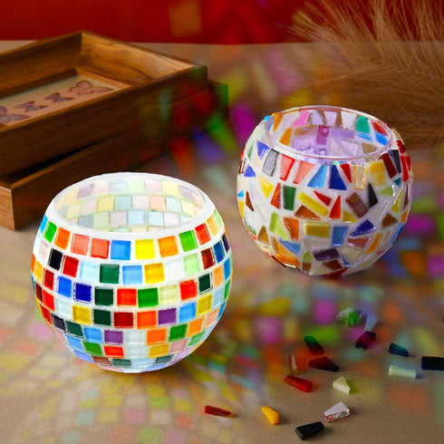 Sunnychicc 2 Set Glass Mosaic Candle Holder Kit Include Tea Light Holder, Glass Mosaic Tiles DIY Crafts Creativity