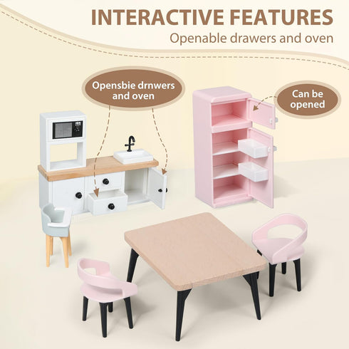 Set, 7 3 Set Set, Pithfor Wooden Dollhouse Furniture Dollhouse Accessories and Furniture, with Rooms Dolls, Includes