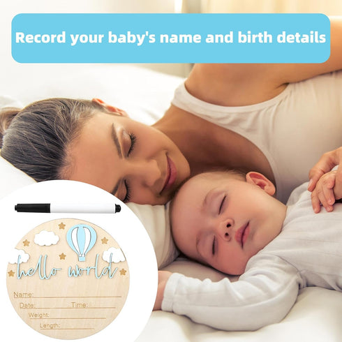 Gosknor Wooden Baby Announcement Sign, Hello World Newborn Birth Sign Welcome Baby Name Plaque for Home Hospital