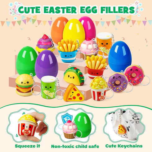 12 Pack IJIGU Prefilled Easter Eggs with Food Squishy Toys Keychains, Easter Eggs Filled for for Easter Egg Hunt
