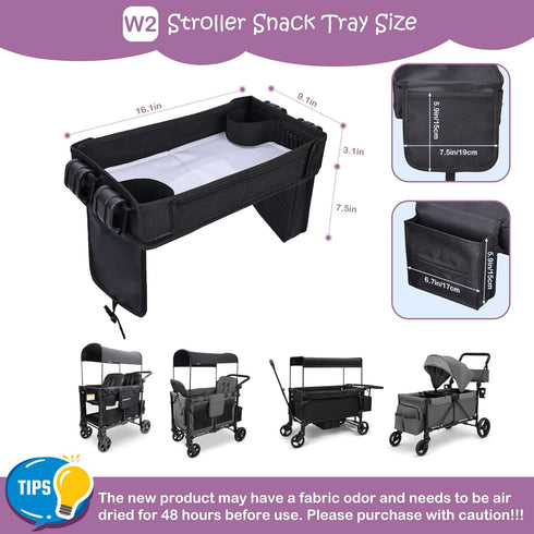 W2, Babenest Stroller Snack Tray for Wonderfold Wagon Foldable Thickened Snack Tray with Cup Holder, Storage Mesh Bag