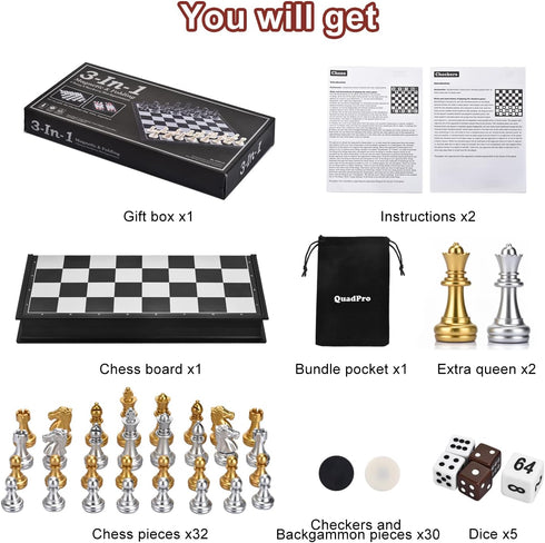 3 in 1 Magnetic Chess Checkers Backgammon Set, Folding Travel Games for Kids and Adults (Chess: Gold & Silver)