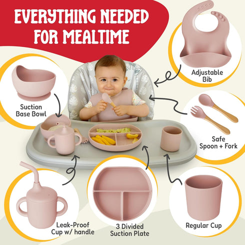 Set Set Tygo Silicone Baby Feeding Complete Self-Feeding with Suction Plate, Spill-Proof Bib, Wooden Spoon & Fork
