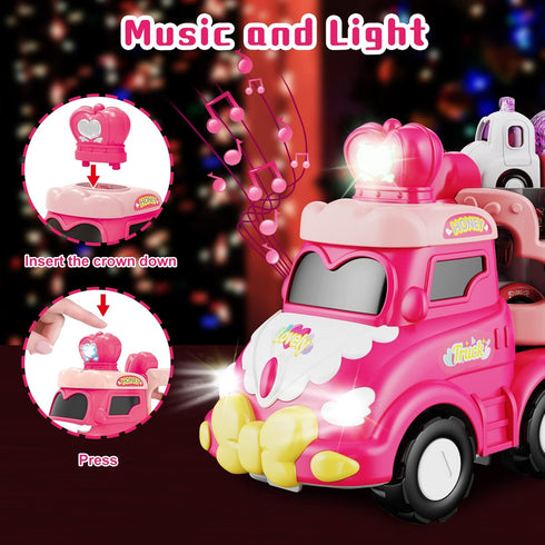 seveclotree 9 1 1-4 in Carrier Truck Cars Toys - Pink Princess Girl Car with Light and Sound - Toddler Toys Age