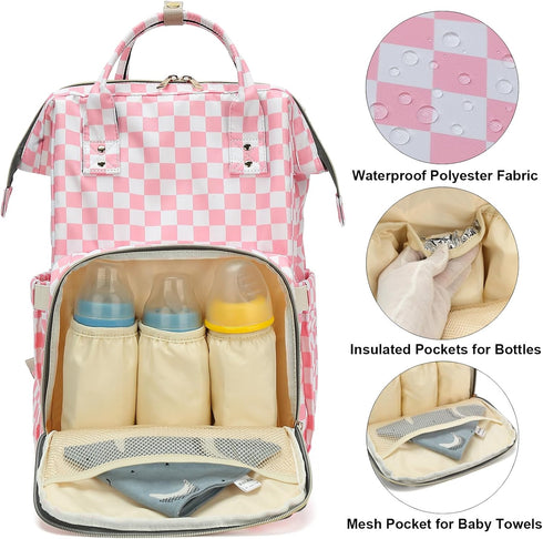 Dezcrab Backpack Backpacks Checkered Pink Baby Diaper Bag for Women, Large Capacity Waterproof Maternity Travel Nappy