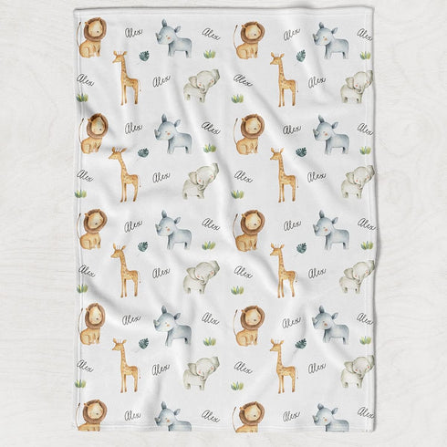 Stork Wares BB348 30*40 inch Safari Animals Personalized Unisex Baby Swaddle Blanket White