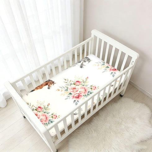 CZXW 52" 28" Watercolor Horses and Flowers Crib Sheets Fitted x Natural Cotton Soft & Breathable for Baby Crib Mattress