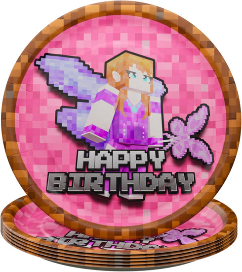 Blue Orchards Pixel Girl Party Plates and Napkins - 60 pieces for 20 Guests, Video Game Birthday Decorations for Girls