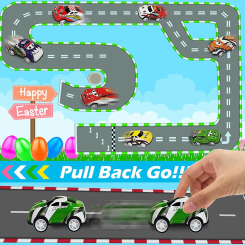 24 Pack Prefilled Easter Eggs with Pull Back Cars, Easter Basket Stuffers Toys Colorful Racing Vehicle for Kids Boys