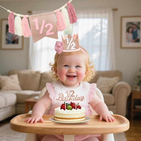 BaaSid 1/2 Garland6 Birthday Girl Pink Half Birthday Decorations High Chair Banner Tassel Wood Bead Months Decorations