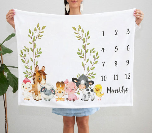 Farm Animals Milestone Blanket, Baby Growth Chart Monthly Blanket, Watch Me Grow for New Moms, 50"x40"