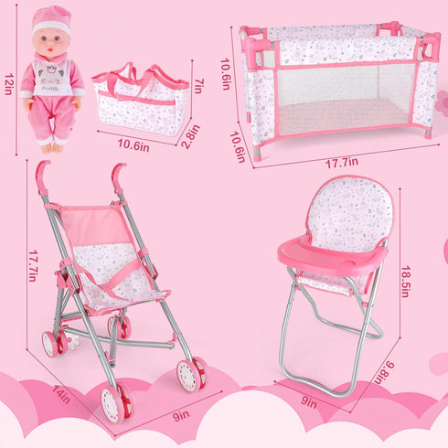 Set deAO Baby Doll Stroller Crib Bed Nursery Role Play Baby Doll Accessories and Play Mat,Travel Cot,Bouncer,Foldable